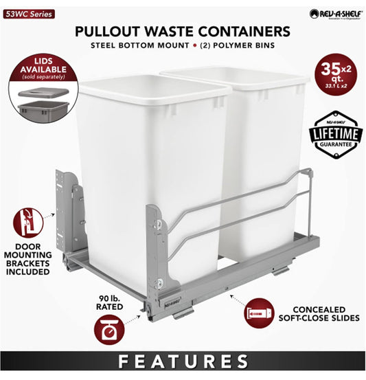 Rev-A-Shelf Double Trash Can Under Kitchen Cabinets Pullout, 35 Quart 8.75 Gallon with Soft-Close Slides, White, 53WC-1835SCDM-211